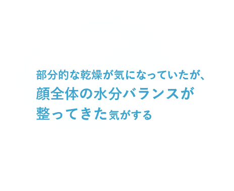 部分的な乾燥が気になっていたが、顔全体の水分バランスが整ってきた気がする